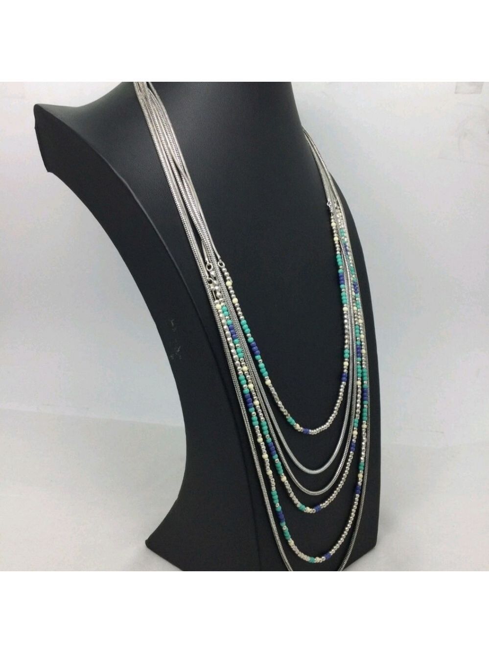NWT Lucky Brand Blue Teal & White Beaded Multi Strand Necklace 32" - Picture 3 of 5